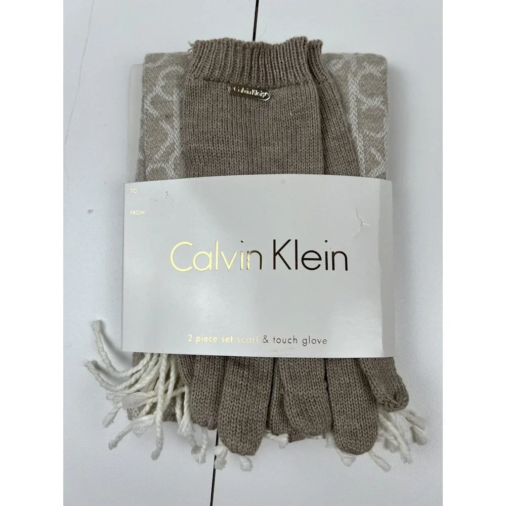 Calvin Klein Muffler Scarf and Touch Gloves - 2 Piece Set - Beige NEW